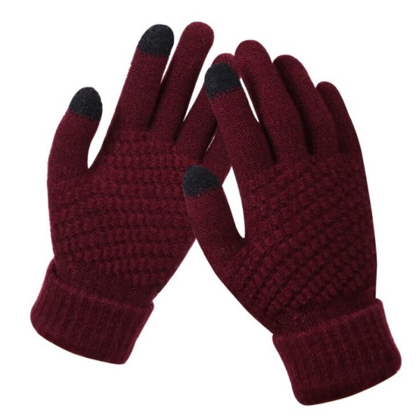 Dam Vinter Touch Screen Handskar Tjocka Varma Stickade Stretchhandskar Imitationsull Full Finger Utomhus Skidhandskar Wine red One Size