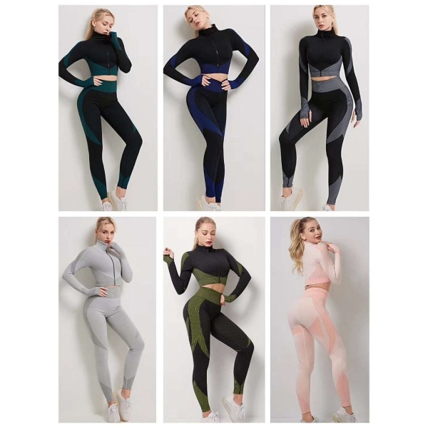 Yogaset Långärmad skjorta+sport-bh+sömlösa leggings Träning Löpkläder Gymkläder 3pcs  Black Suits M