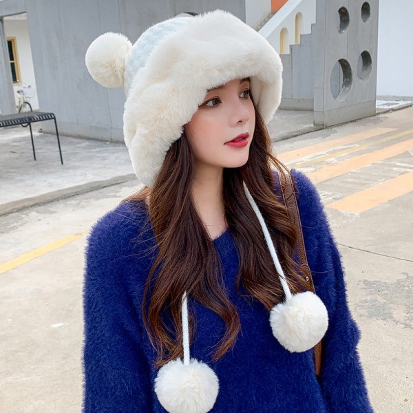 Höst och vinter Sweet Mickey Fur Ball Cap i koreansk stil utomhus fleece varm yllehatt Milky White Average size