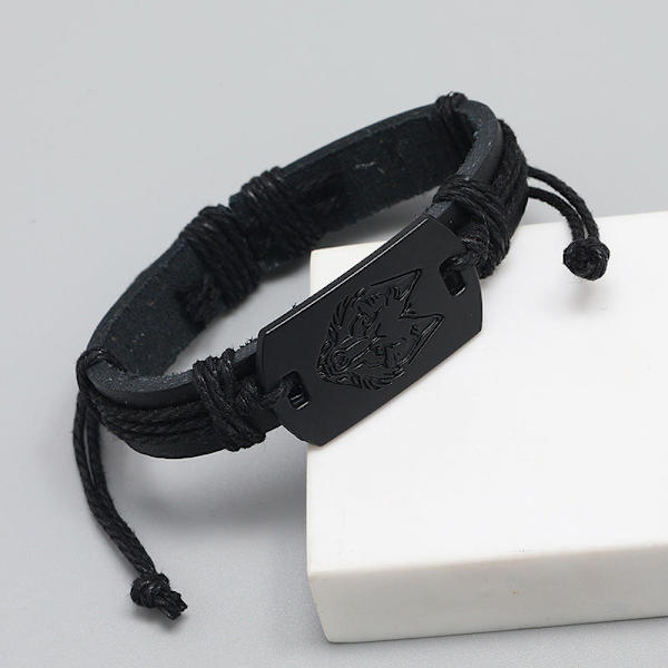 Europeiskt och amerikanskt punk läderarmband för män Svart varg huvud armband Multi-lager flätat armband läderrep för pojkvän Default Title