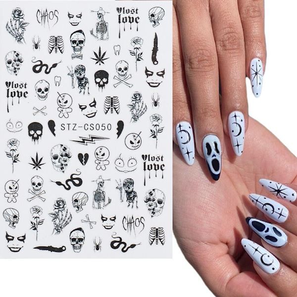 Halloween Anime Nagelstickers Skräck Gotisk Stil Dödskalle Svarta Orm Dekaler 3D Nyår Sliders Manikyr Dekorationer LECA725-732 CA-731