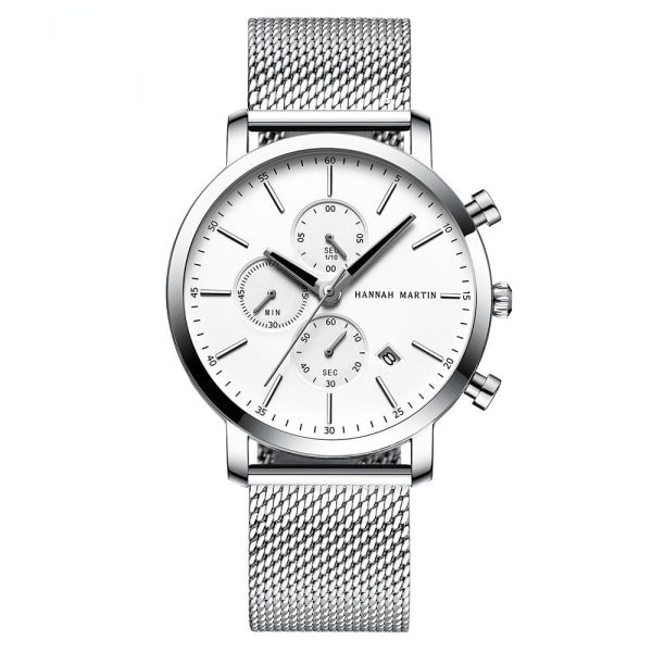 Business Casual Kalender Herreklokke Svart Rustfritt Stål Mesh Reim Vanntett Quartz Klokke white silver