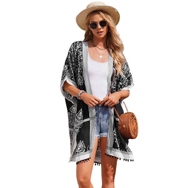 Baddräkt Hawaii Seaside Semester Kofta Kortärmad Solskyddskläder Tryckt Strandöverdrag Mellanlånga Badkläder LC85278-Black Average size