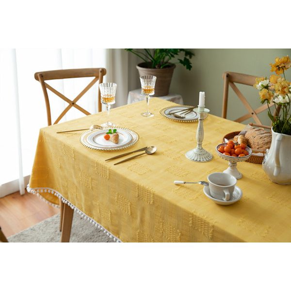 Bordduk Fransk Romantisk Bomull Lin Klippet Hvit Pelsball Rektangulær Bordduk Yellow cut flower white ball 140X160CM