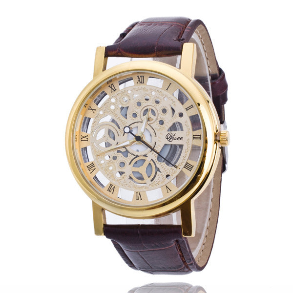 Ikke-Mekanisk Klokke Herre Quartz Klokke Dobbeltsidig Gjennomsiktig Utklipps Klokke For Menn Gold plate brown strap
