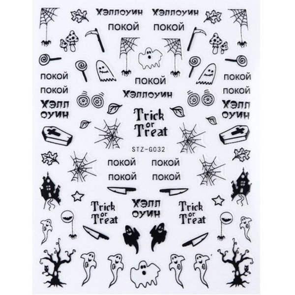 1 st Spindelvävs Nagelstickers 3D Spöke Dödskalle Pumpa Transfer Folie Transfer DIY Manikyr Slider Nagelkonst Dekoration TRSTZG032-040 STZG035 Black