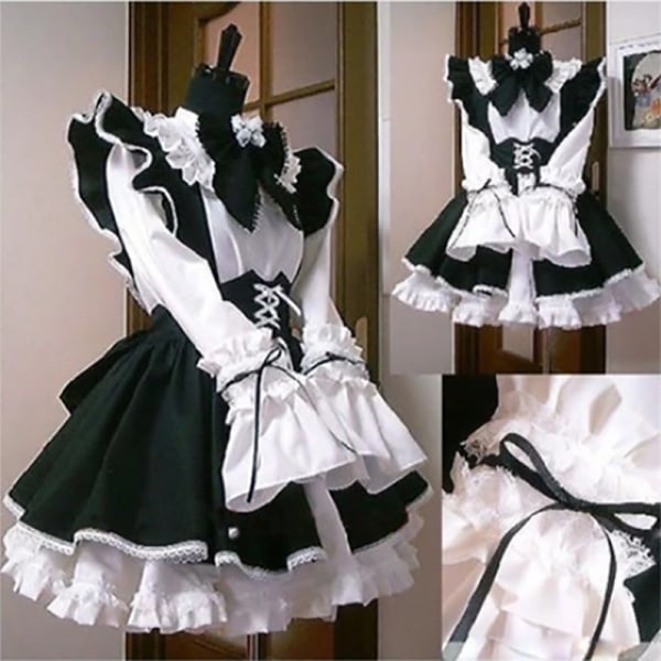 Kvinnor Maid Outfit Lolita Cosplay Söt Sexig Erotisk Kawaii Café Kostym Svart Vit Män Uniform Förkläde Klänning Söt Rosett Mucama Women Size XL