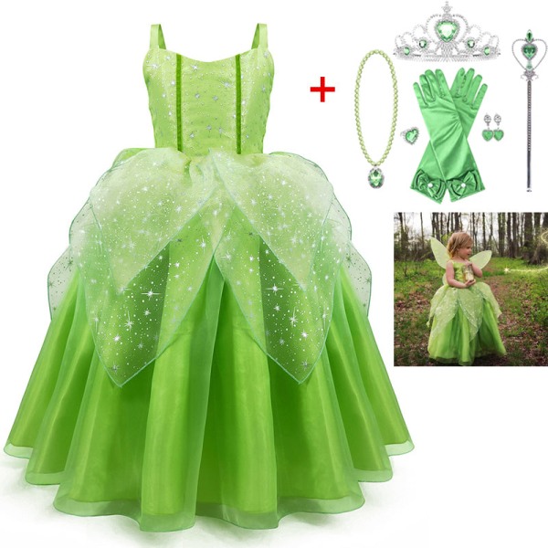 Cosplay Piger Fest Inspireret Klokkeblomst Grøn Fe Prinsesse Kjole Kostumer med Vinger Sæt Dress with wings 100(2-3Y)