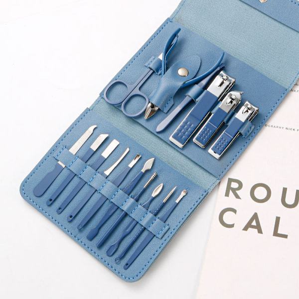 Roséguldsax Nagelknipsare Set Tri-Fold Väska 16-Delars Pedikyr Manikyr Verktyg Dam 16 pieces-Blue