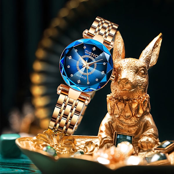 Ocean Heart Märke Stjärnklar Himmel Diamantyta Ljus Multi-Yta Glas Massivt Stålarmband Dam Vattentät Klocka Rose gold and blue face