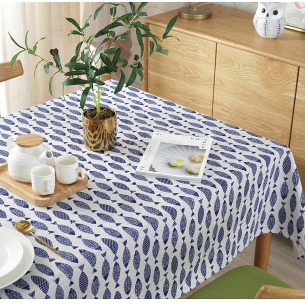 Tykkere duk i bomulls-linblanding med enkelt blått fisketrykk, japansk stil, vaskbar duk for bryllup og tebord no lace 140 X 200CM