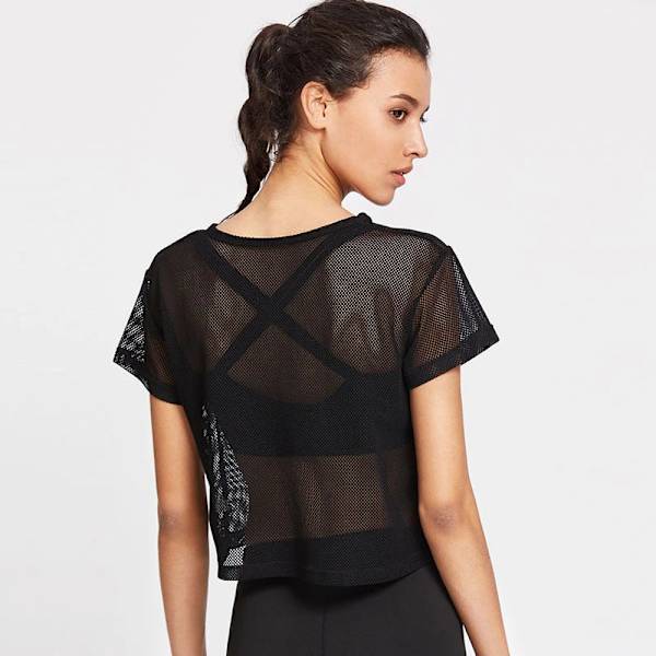Yoga Tröja Sexig Kortärmad T-shirt Sporttopp Blus Överdrag Snabbtorkande Gymkläder Black L