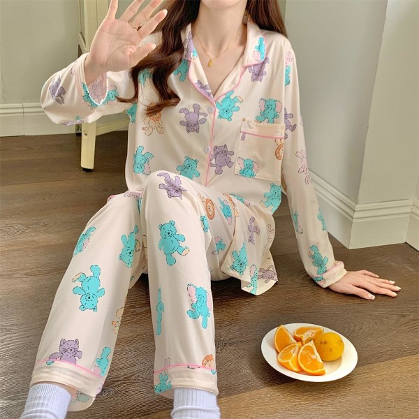 INS Stil Tecknad Söt Björn Dam Pyjamas Långärmad Söta Lediga Långärmade Byxor Loungewear Black XL