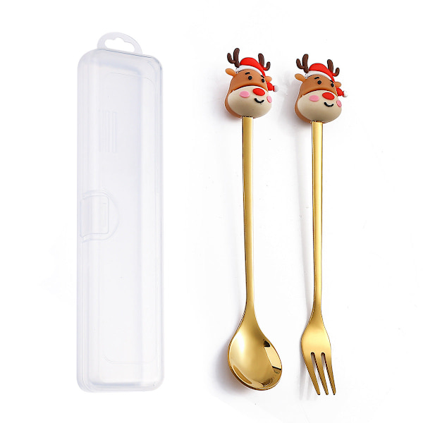 Q Juldessert Gaffel-Sked Set Söt Docka Dessertsked Tecknad Bordsartiklar Fruktgaffel Portabel Kaffesked Rocket gold spoon Fork storage box