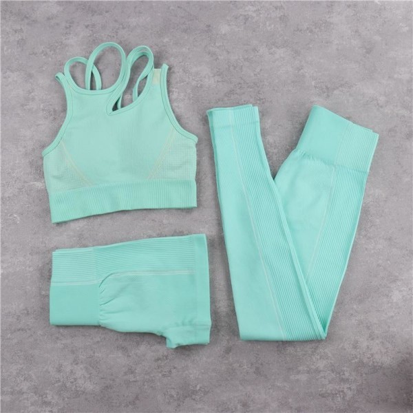 Yoga Set Crop Top BH Shorts Leggings Träningskläder Aktiv Fitness Gym Kläder 3PCS Green Set L