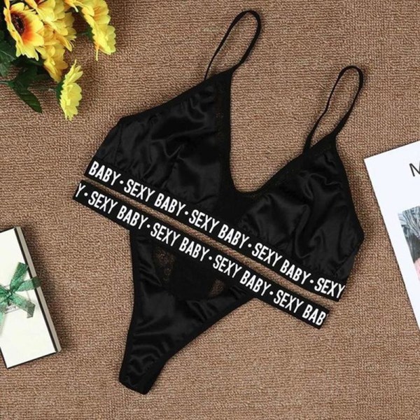 Sexiga underkläder för kvinnor, linne, crop top, trosor, set med bokstavstryck, spetslappar, kostymer, damunderkläder Default Title
