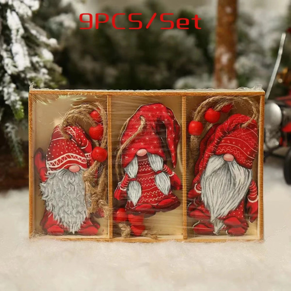 9/12 st Jul Tomte Trähänge Ängel Jultomte Julgranshänge Dekorationer Navidad Gott Nytt År 2024 A-01 (9-piece set)