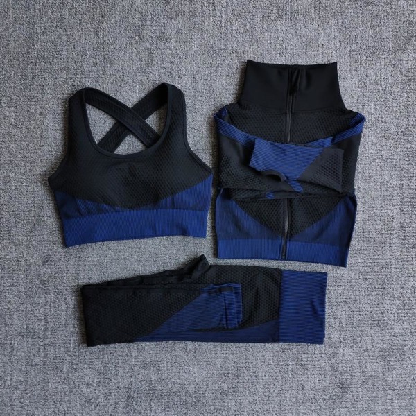 Yoga Set Långärmad Yoga Kläder Dam Sport Gym Träningsdräkter Löparkläder 3PcsSetBlue L