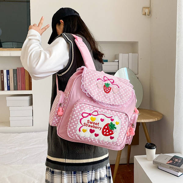 Skolväskor Ryggsäck Barn Söt Mjuk Flicka Söt Härlig Broderad Frukt Jordgubbe Spets Flicka Student Skolväska Flicka Pink