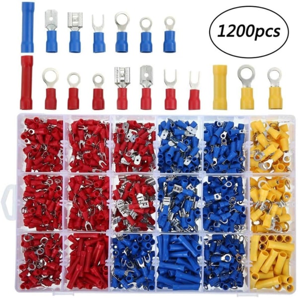 Crimp Spade Terminal Assorted Elektrisk Tråd Kabel Anslutningssats Crimp Spade Isolerad Ring Gaffel Spade Butt Set 1200PCS