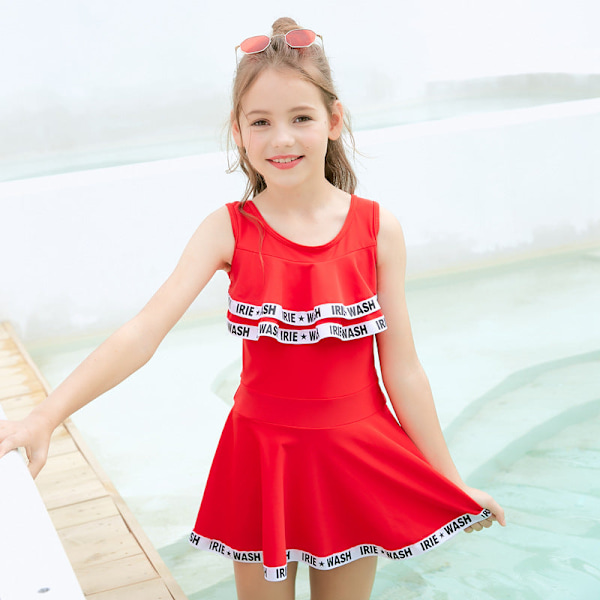 Baddräkt Barn Badkläder Flickor Student Klänning Konservativ Mellanstora och Stora Barn Flickbadkläder Red one-piece swimsuit XL115-130CM(40-50 Jin)