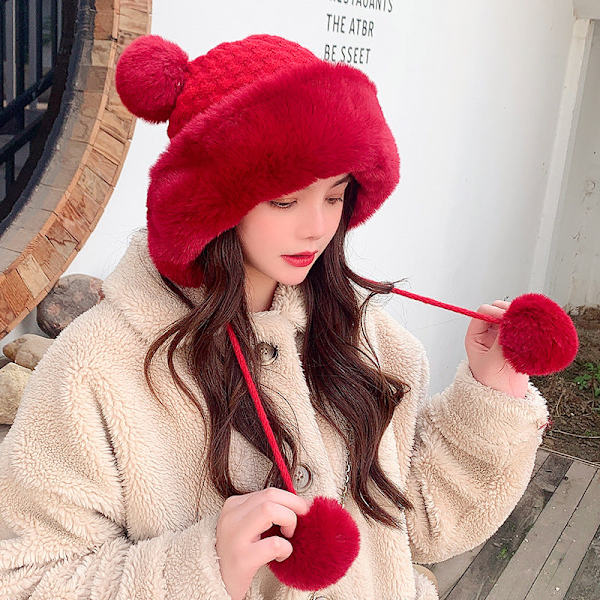 Efterår og Vinter Sød Mickey Pelsbold Koreansk Stil Pullover Hue Udendørs Fleece Varm Uldhue Bright red Average size