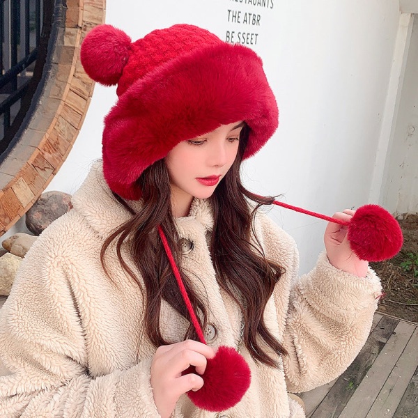 Höst och vinter Sweet Mickey Fur Ball Cap i koreansk stil utomhus fleece varm yllehatt Wine Red Average size