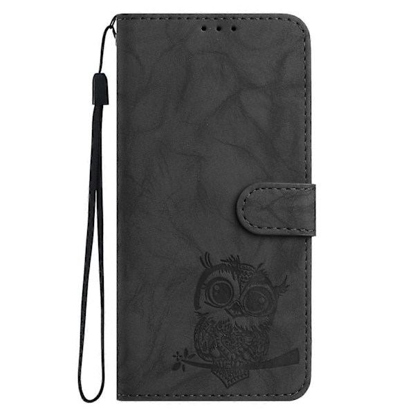 Fodral för Samsung Galaxy A16 4G 5G Uggla Präglat PU Läder Plånbok Telefonfodral med Handledsrem - Pur Black