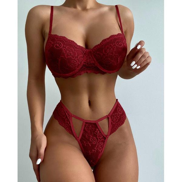 Blomstret blonde lingerisæt til kvinder, sexet blonde bh og trusse undertøjssæt Red XL