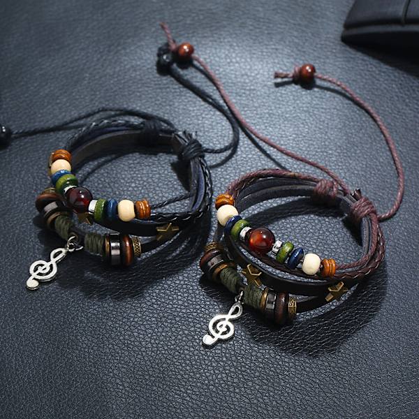 Pärlförsett Äkta Läder Retro Armband Legering Not Nötskinn Armband Brown