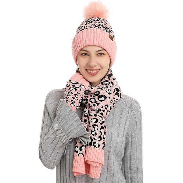 Syksyn ja talven neulottu hattusetti Uusi naisten leopardikuvioinen lämmin villahattu huivi käsineet kolmiosainen setti Pink