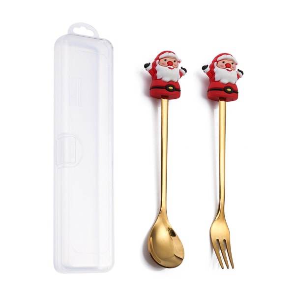 Q Joulu Jälkiruokalusikka-haarukka Setti Söpö Nukkemainen Jälkiruokalusikka Sarjakuva Astiasto Hedelmähaarukka Kannettava Kahvilusikka Peach gold spoon Fork storage box