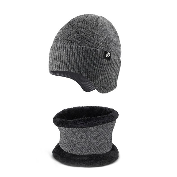 Lämmin Korvasuoja Hattu Huivi Kaksiosainen Set Talvi Ulkoilu Fleecevuorattu Neulepuku [Thread type Gray] two-piece set