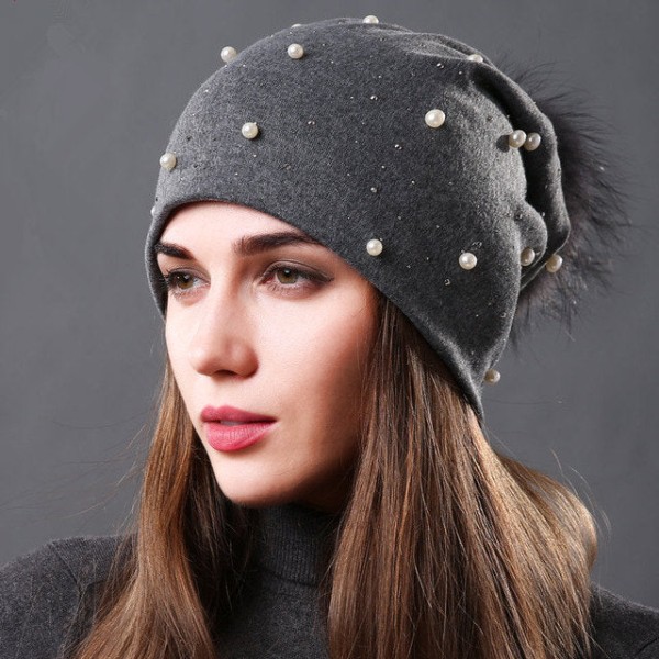 Pärl Dubbellagers Bomullsmaterial Ärmmössa Höst och Vinter Dam All-Match Mode Tvättbjörn Boll Päls Dam Varm Hatt Navy blue navy blue ball