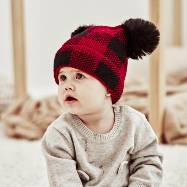 Nya produkter i lager Höst och Vinter Pälsboll Förälder-Barn Stickad Mössa Fabriks Grossist Rutig Mamma Baby Jul Varm Mössa Adult Average size