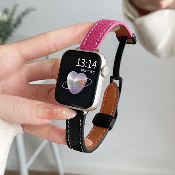 Urrem til Apple Watch iWatch til SE/4/5/6 40 mm Lychee mønster magnetisk spænde - rosarød og sort