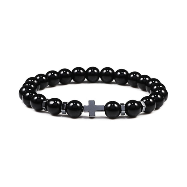 Herr Naturlig Lavasten Pärlarmband Hematit Kors Rosenkrans Meditation Bön Jesus Armband Dam Yoga Smycken White