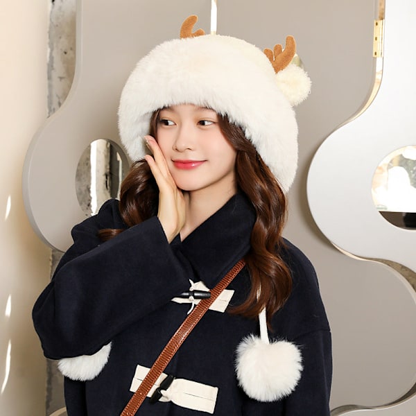 Strikket Uldhue Udendørs Efterår og Vinter Fleeceforet Varm Dame Pelskvaste Pullover Hue Milky White Average size