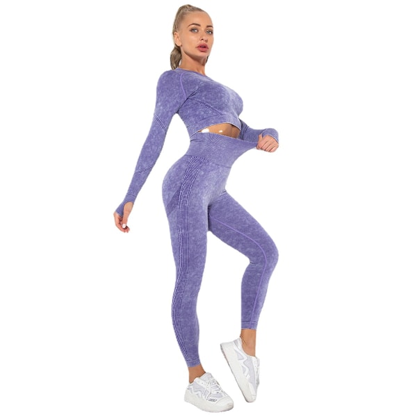 Yoga Dress Dame Sport Løping Trening Langermet Dress Hofte Yoga Bukser Purple M