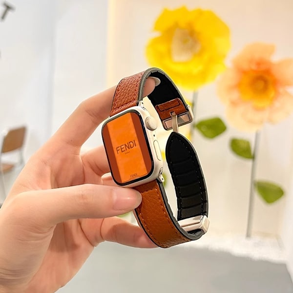 Klockarmband för Apple Watch iWatch för 10:e generationen 42mm Lycheemönster magnetisk bred version - brun