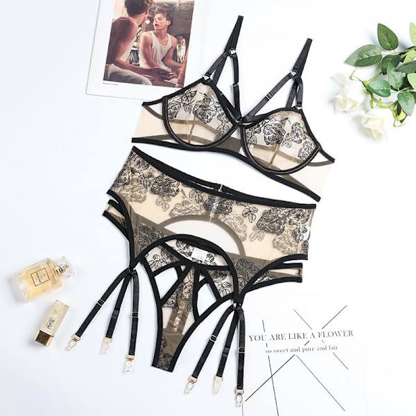Aduloty Erotiska underkläder för kvinnor, tunn sektion, genomskinlig mesh, broderi, sexiga underkläder, bygel-bh, strumpebandshållare, stringtrosa Black M