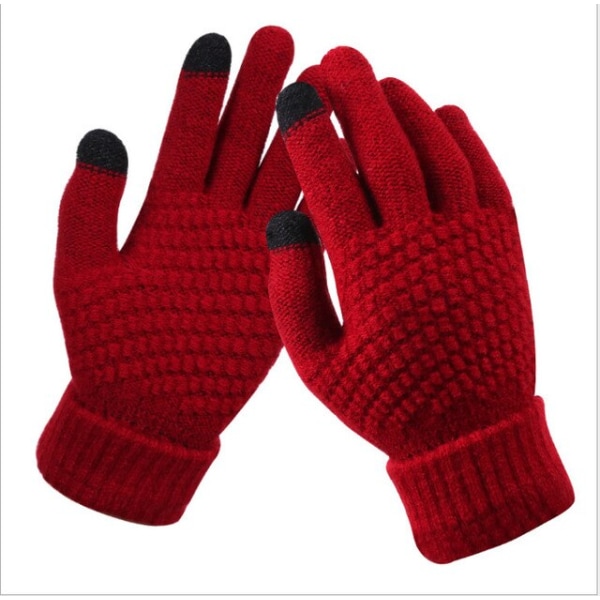 Dam Vinter Touch Screen Handskar Tjocka Varma Stickade Stretchhandskar Imitationsull Full Finger Utomhus Skidhandskar Red One Size