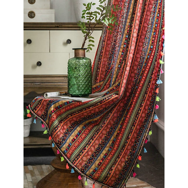 Røde bohemske gardiner med dusker, blendingsgardiner for vindu, soverom, stue, kjøkkengardin, julegardin i bomull, fransk karnappvindu, flatt vindu boho5 W150xL240cm 1pc