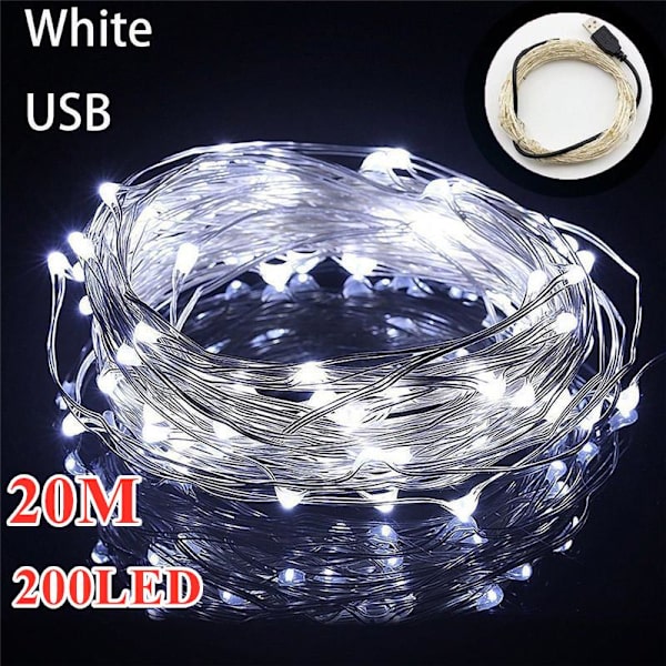Lätt 5V USB 20M Koppartrådslampa Bröllopsfest Dekor 200 LED Slingor White 3M 30LED