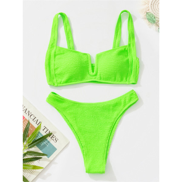 Badedrakt Rynket Krøllete V-formet Dame Badedrakt Høy Midje Bikini Kvinner Todelt Bikini Sett Badedrakt Svømmedrakt Pink S