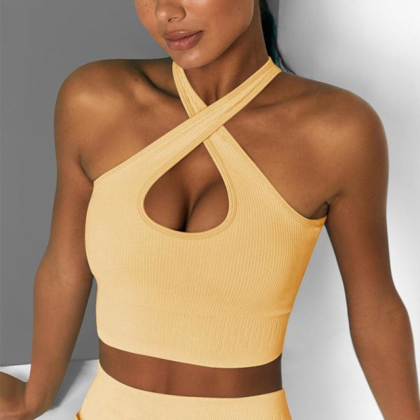 Ensfarvet Candy Fitness Sports Vest Mode Gym Løbe Krydsrem BH Yoga Tøj til Kvinder 6506 cross bra-yellow L