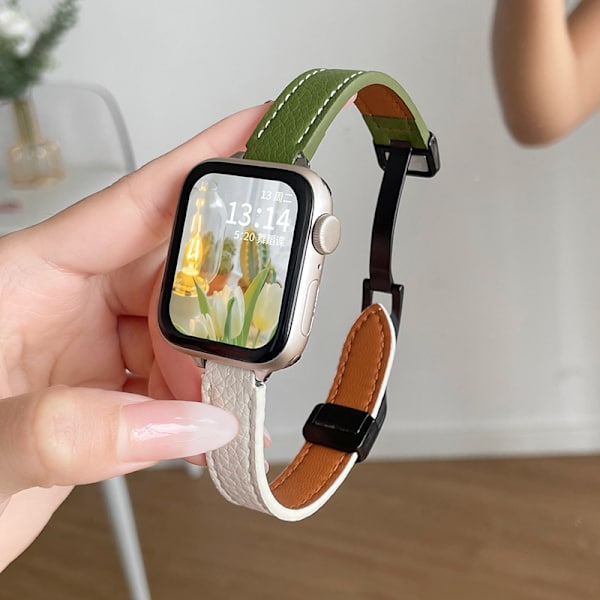 Kellon ranneke Apple Watch iWatch SE2/6/5/4 40mm:lle, nahkajäljitelmä magneettisoljella - Avokado ja maidonvalkoinen