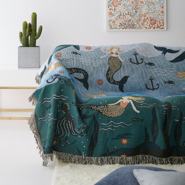 Textil Stad Nordisk stil Sängfilt Sjöjungfru Mönster Filt Till Säng Vardagsrum Gobeläng Matta Soffa Filt Cover Sängöverkast Mermaid 90x90cm