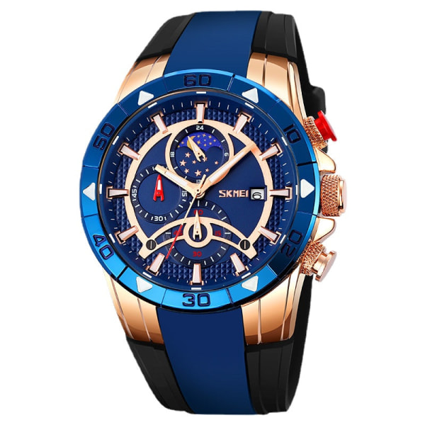 Quartz Watch Daily Waterproof Watch Moon Phase Date Watch Rose gold and blue face