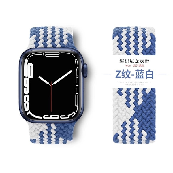 Kellon ranneke Apple Watch iWatch 42/44/45/49mm L-koko Z-kuvio sininen ja valkoinen